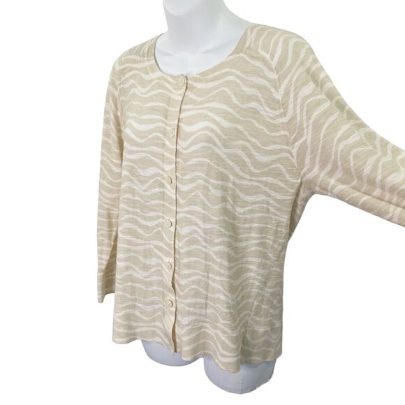 LOFT Sweater Large Cardigan Beige/Off-White Animal Print 3/4 Sleeve Button Front - Picture 2 of 7